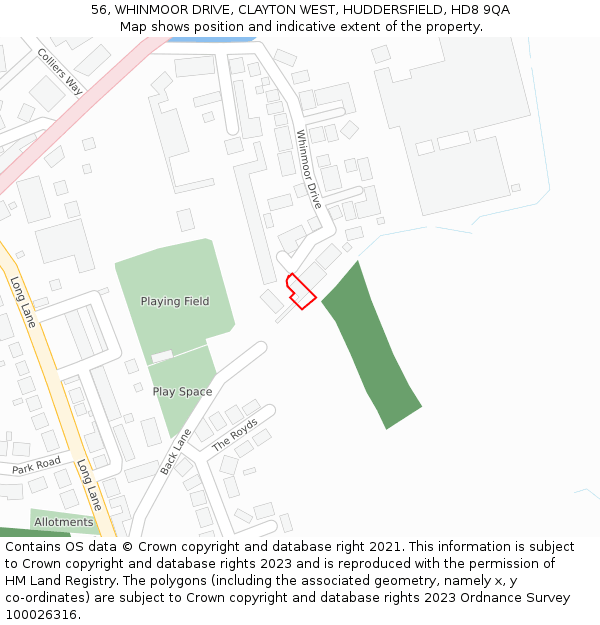 56, WHINMOOR DRIVE, CLAYTON WEST, HUDDERSFIELD, HD8 9QA: Location map and indicative extent of plot