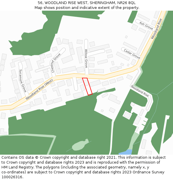 56, WOODLAND RISE WEST, SHERINGHAM, NR26 8QL: Location map and indicative extent of plot