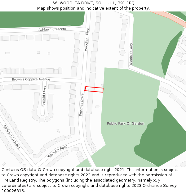56, WOODLEA DRIVE, SOLIHULL, B91 1PQ: Location map and indicative extent of plot