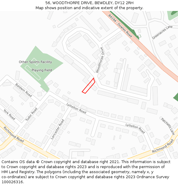 56, WOODTHORPE DRIVE, BEWDLEY, DY12 2RH: Location map and indicative extent of plot