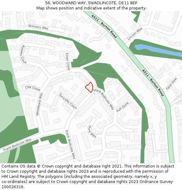 56, WOODWARD WAY, SWADLINCOTE, DE11 8EP: Location map and indicative extent of plot