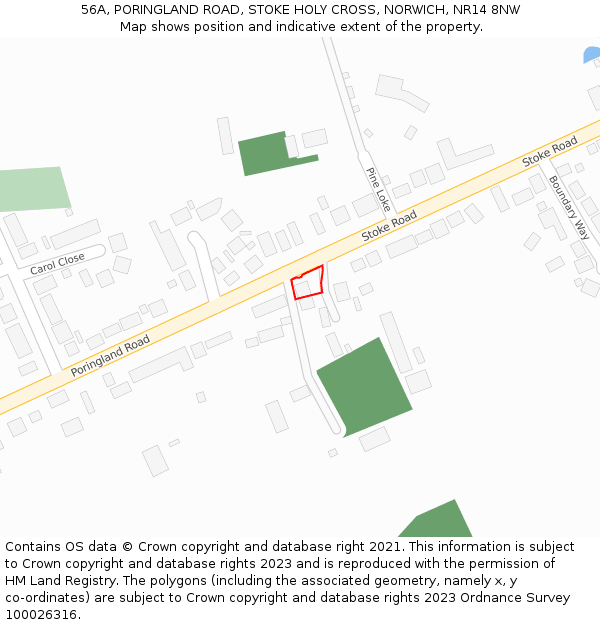 56A, PORINGLAND ROAD, STOKE HOLY CROSS, NORWICH, NR14 8NW: Location map and indicative extent of plot