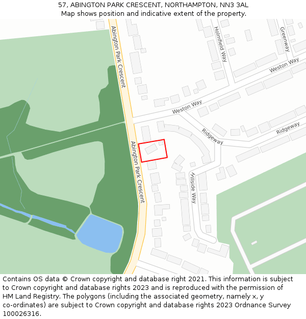 57, ABINGTON PARK CRESCENT, NORTHAMPTON, NN3 3AL: Location map and indicative extent of plot