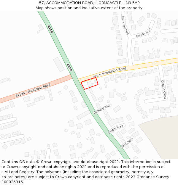 57, ACCOMMODATION ROAD, HORNCASTLE, LN9 5AP: Location map and indicative extent of plot