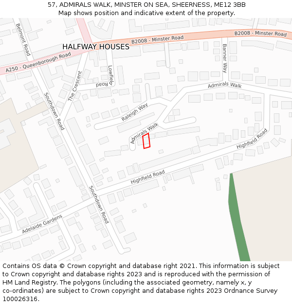 57, ADMIRALS WALK, MINSTER ON SEA, SHEERNESS, ME12 3BB: Location map and indicative extent of plot