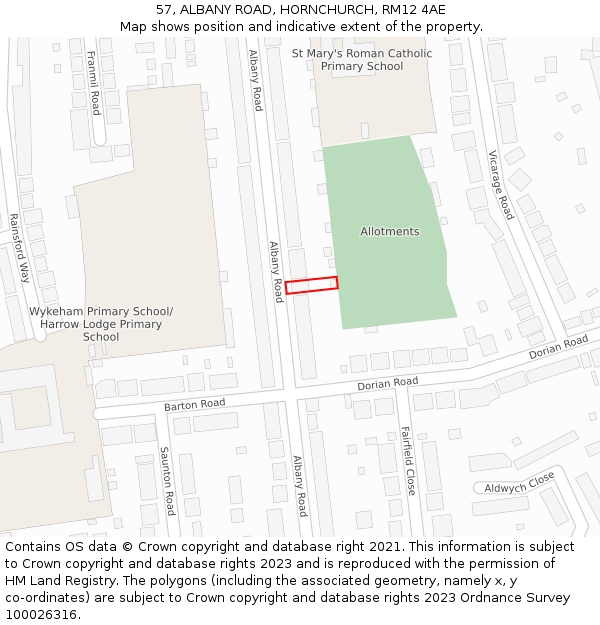 57, ALBANY ROAD, HORNCHURCH, RM12 4AE: Location map and indicative extent of plot
