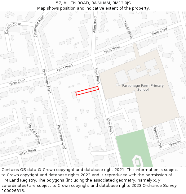57, ALLEN ROAD, RAINHAM, RM13 9JS: Location map and indicative extent of plot