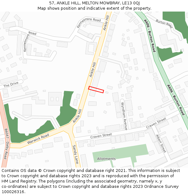 57, ANKLE HILL, MELTON MOWBRAY, LE13 0QJ: Location map and indicative extent of plot