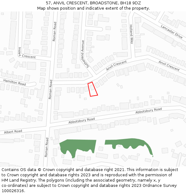 57, ANVIL CRESCENT, BROADSTONE, BH18 9DZ: Location map and indicative extent of plot