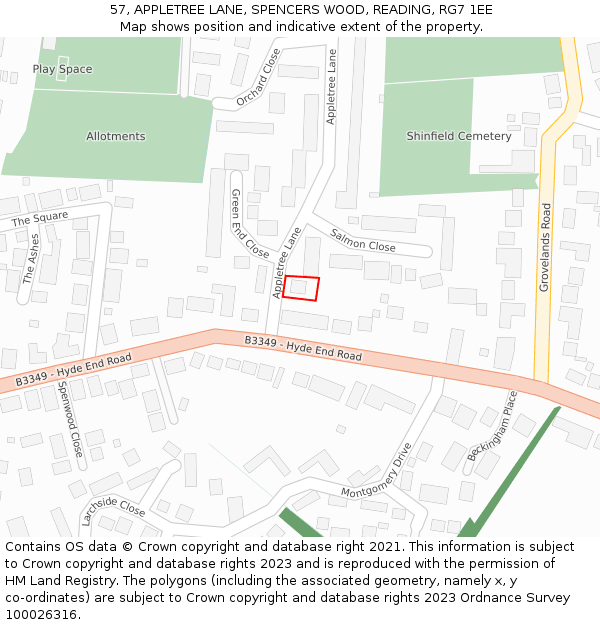 57, APPLETREE LANE, SPENCERS WOOD, READING, RG7 1EE: Location map and indicative extent of plot