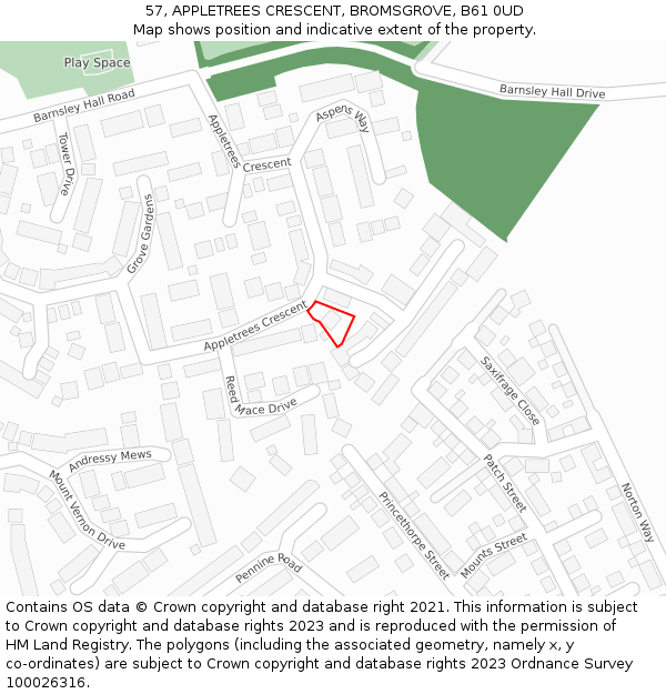 57, APPLETREES CRESCENT, BROMSGROVE, B61 0UD: Location map and indicative extent of plot