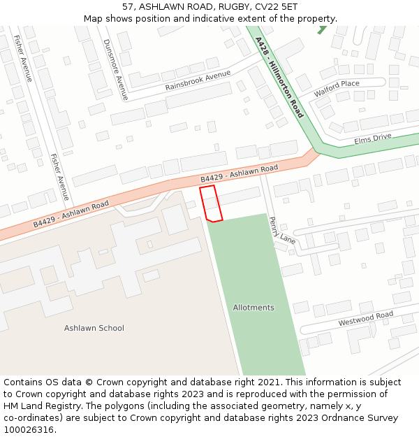 57, ASHLAWN ROAD, RUGBY, CV22 5ET: Location map and indicative extent of plot