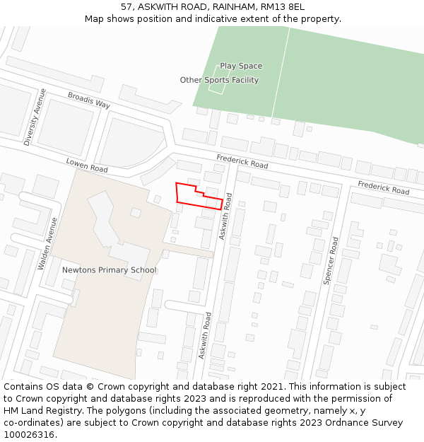 57, ASKWITH ROAD, RAINHAM, RM13 8EL: Location map and indicative extent of plot