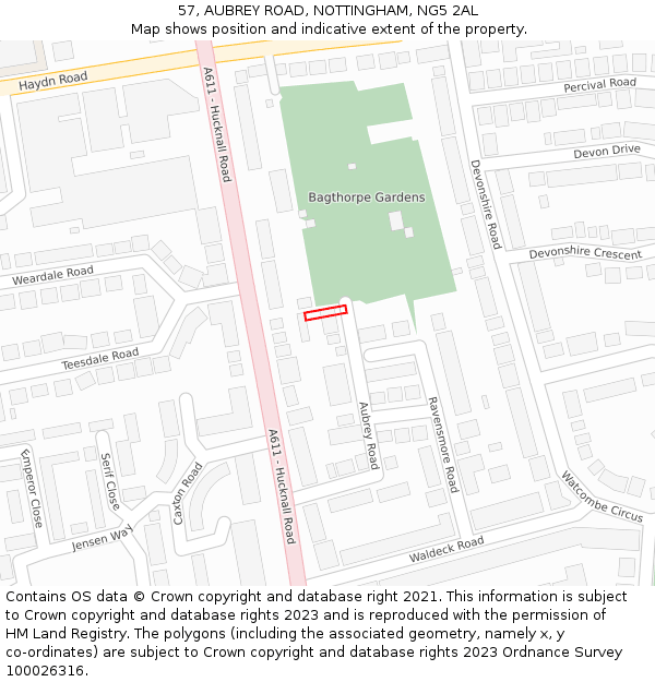 57, AUBREY ROAD, NOTTINGHAM, NG5 2AL: Location map and indicative extent of plot