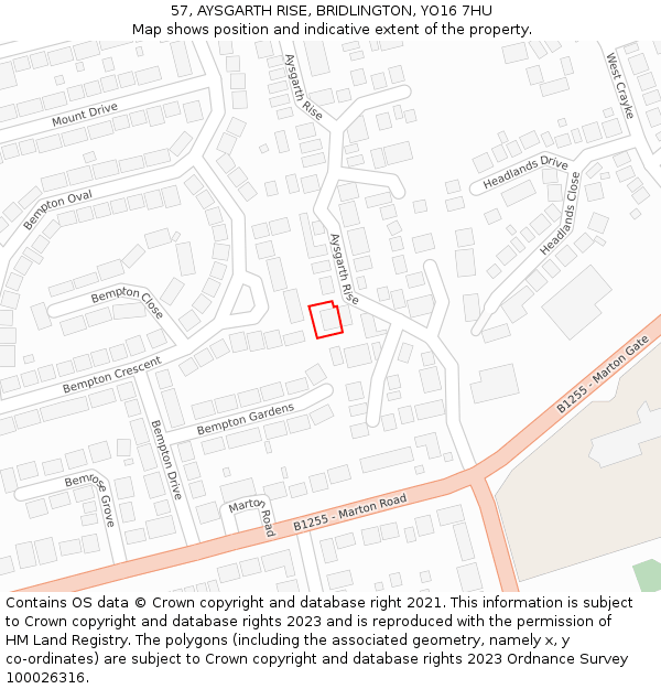 57, AYSGARTH RISE, BRIDLINGTON, YO16 7HU: Location map and indicative extent of plot