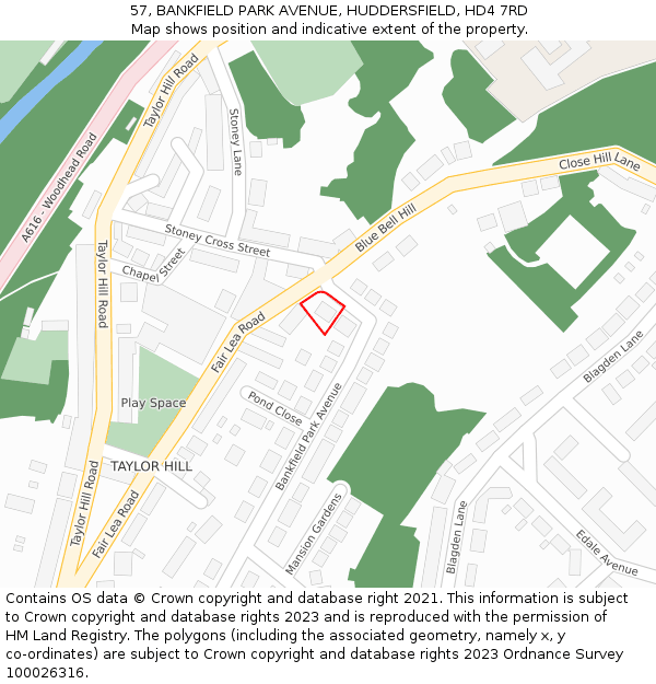 57, BANKFIELD PARK AVENUE, HUDDERSFIELD, HD4 7RD: Location map and indicative extent of plot
