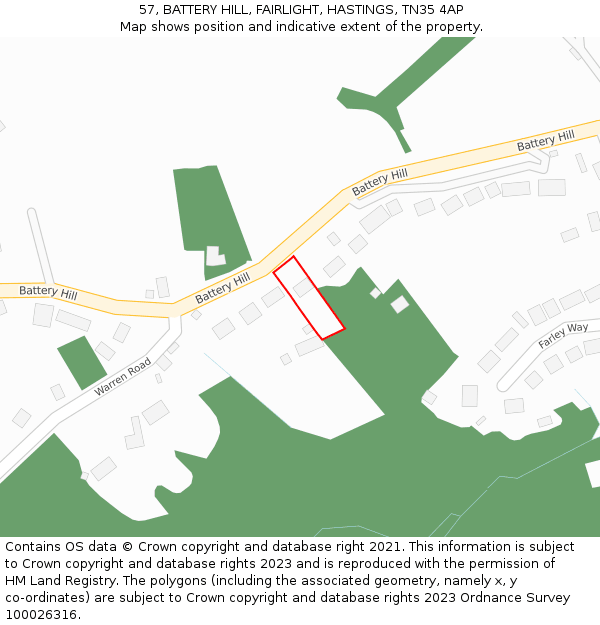 57, BATTERY HILL, FAIRLIGHT, HASTINGS, TN35 4AP: Location map and indicative extent of plot