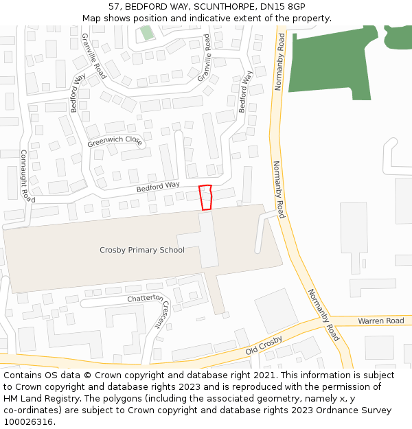 57, BEDFORD WAY, SCUNTHORPE, DN15 8GP: Location map and indicative extent of plot