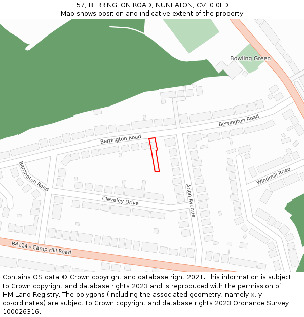 57, BERRINGTON ROAD, NUNEATON, CV10 0LD: Location map and indicative extent of plot