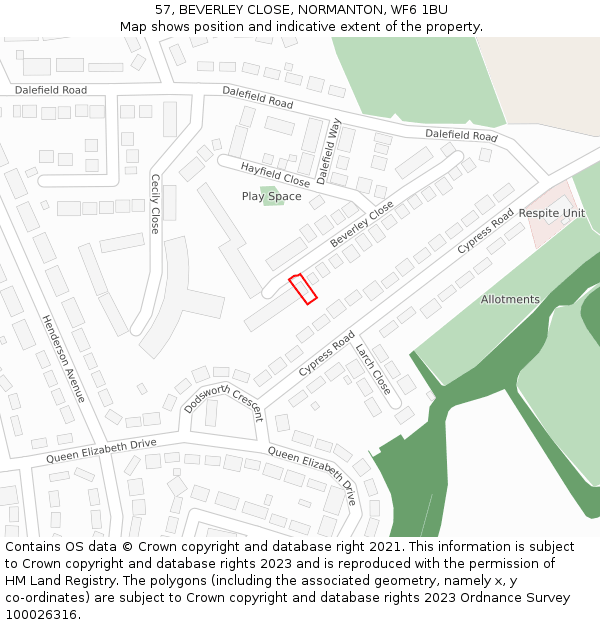 57, BEVERLEY CLOSE, NORMANTON, WF6 1BU: Location map and indicative extent of plot