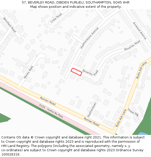 57, BEVERLEY ROAD, DIBDEN PURLIEU, SOUTHAMPTON, SO45 4HR: Location map and indicative extent of plot