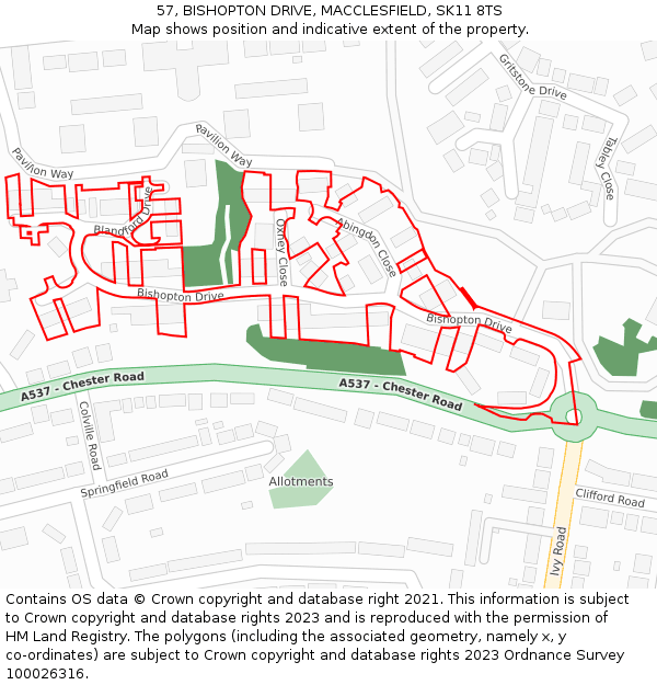 57, BISHOPTON DRIVE, MACCLESFIELD, SK11 8TS: Location map and indicative extent of plot