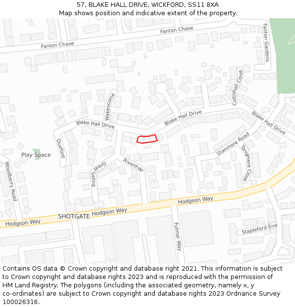 57, BLAKE HALL DRIVE, WICKFORD, SS11 8XA: Location map and indicative extent of plot