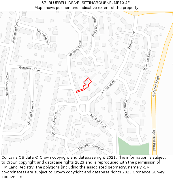 57, BLUEBELL DRIVE, SITTINGBOURNE, ME10 4EL: Location map and indicative extent of plot