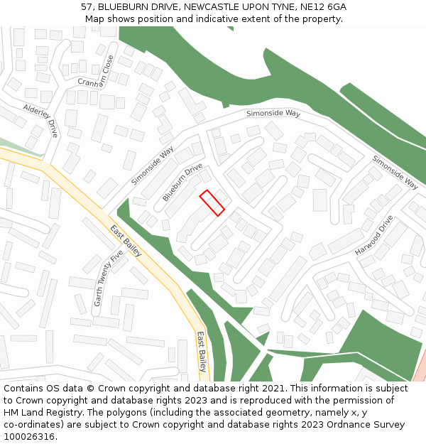 57, BLUEBURN DRIVE, NEWCASTLE UPON TYNE, NE12 6GA: Location map and indicative extent of plot