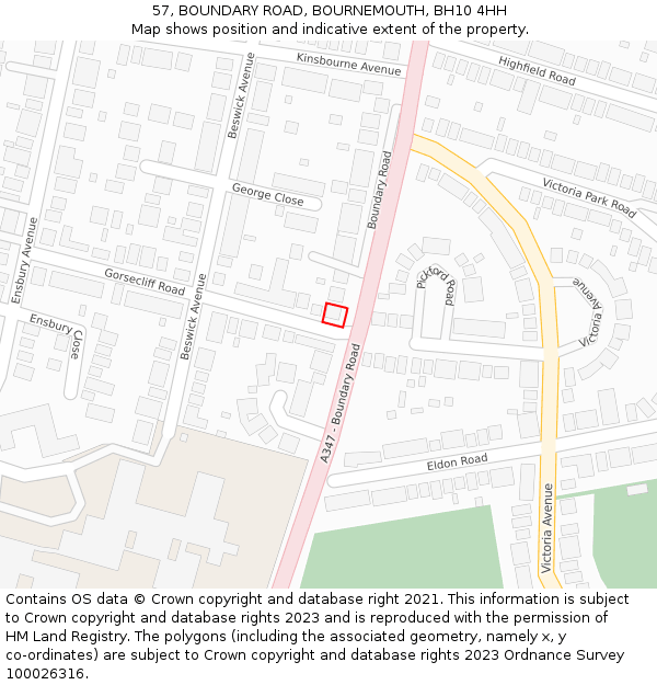 57, BOUNDARY ROAD, BOURNEMOUTH, BH10 4HH: Location map and indicative extent of plot