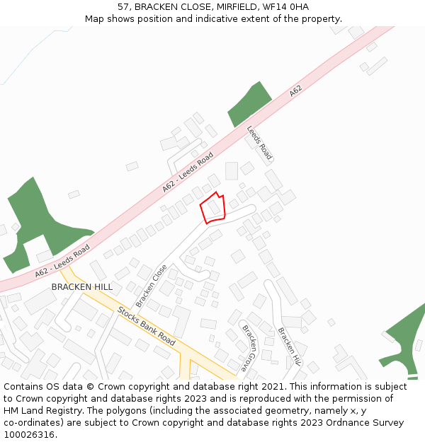 57, BRACKEN CLOSE, MIRFIELD, WF14 0HA: Location map and indicative extent of plot