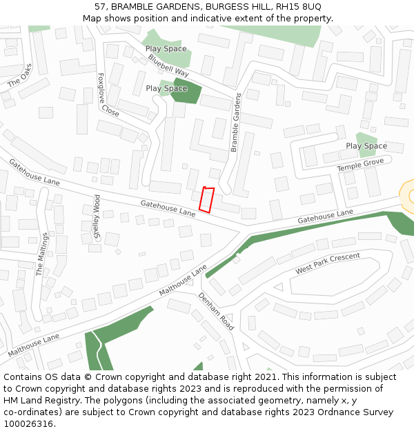 57, BRAMBLE GARDENS, BURGESS HILL, RH15 8UQ: Location map and indicative extent of plot