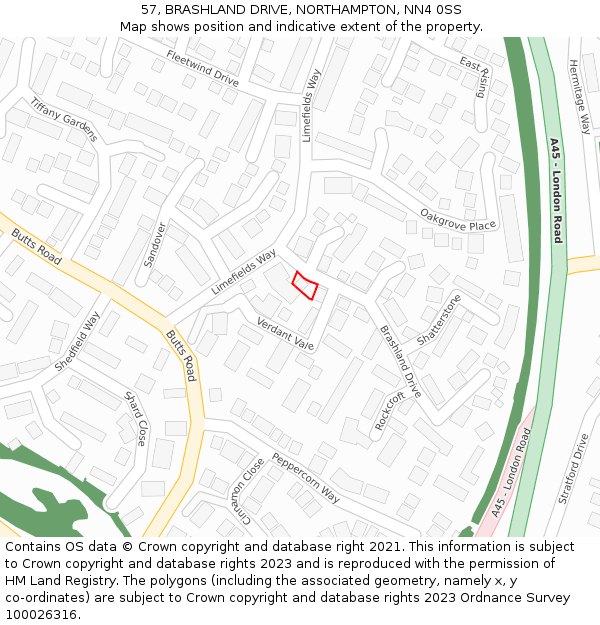 57, BRASHLAND DRIVE, NORTHAMPTON, NN4 0SS: Location map and indicative extent of plot
