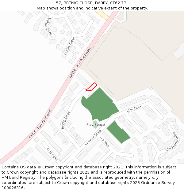 57, BRENIG CLOSE, BARRY, CF62 7BL: Location map and indicative extent of plot