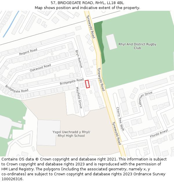 57, BRIDGEGATE ROAD, RHYL, LL18 4BL: Location map and indicative extent of plot