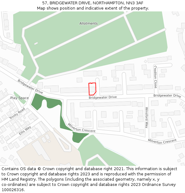 57, BRIDGEWATER DRIVE, NORTHAMPTON, NN3 3AF: Location map and indicative extent of plot