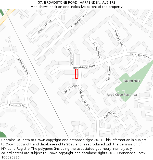 57, BROADSTONE ROAD, HARPENDEN, AL5 1RE: Location map and indicative extent of plot