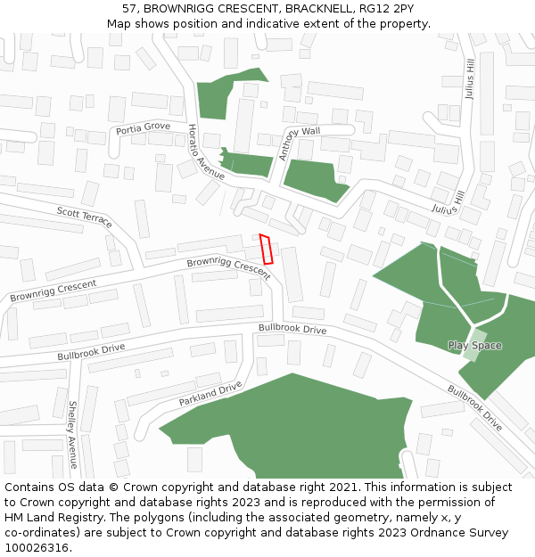 57, BROWNRIGG CRESCENT, BRACKNELL, RG12 2PY: Location map and indicative extent of plot