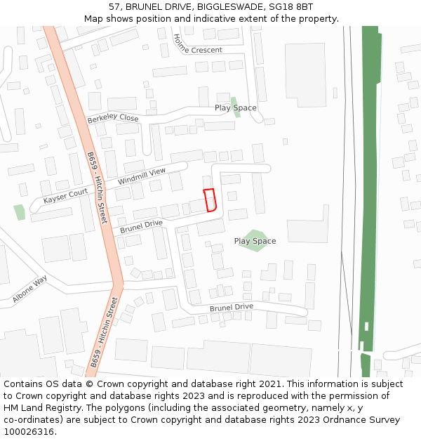 57, BRUNEL DRIVE, BIGGLESWADE, SG18 8BT: Location map and indicative extent of plot