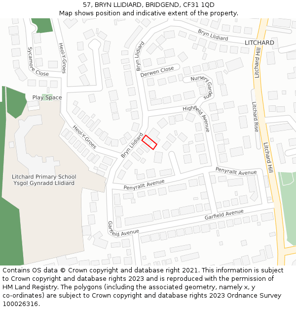 57, BRYN LLIDIARD, BRIDGEND, CF31 1QD: Location map and indicative extent of plot