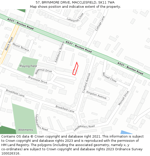 57, BRYNMORE DRIVE, MACCLESFIELD, SK11 7WA: Location map and indicative extent of plot