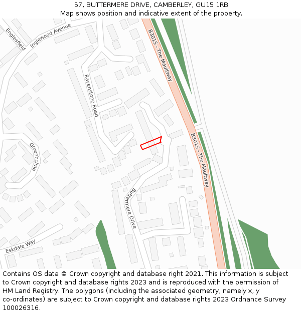 57, BUTTERMERE DRIVE, CAMBERLEY, GU15 1RB: Location map and indicative extent of plot