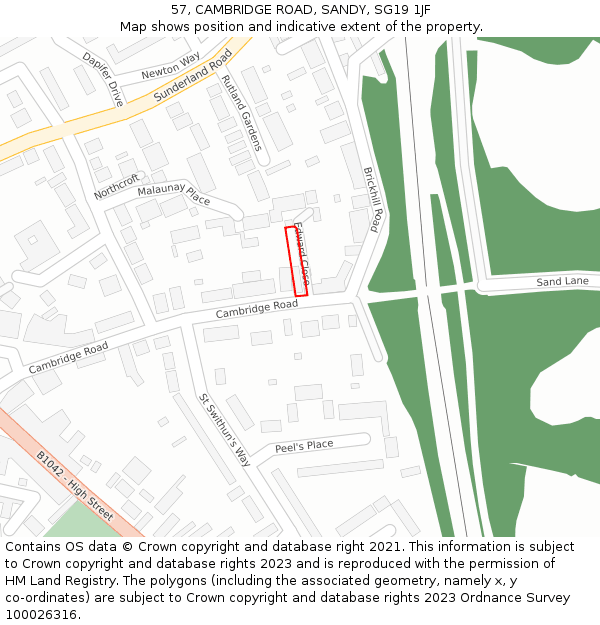 57, CAMBRIDGE ROAD, SANDY, SG19 1JF: Location map and indicative extent of plot