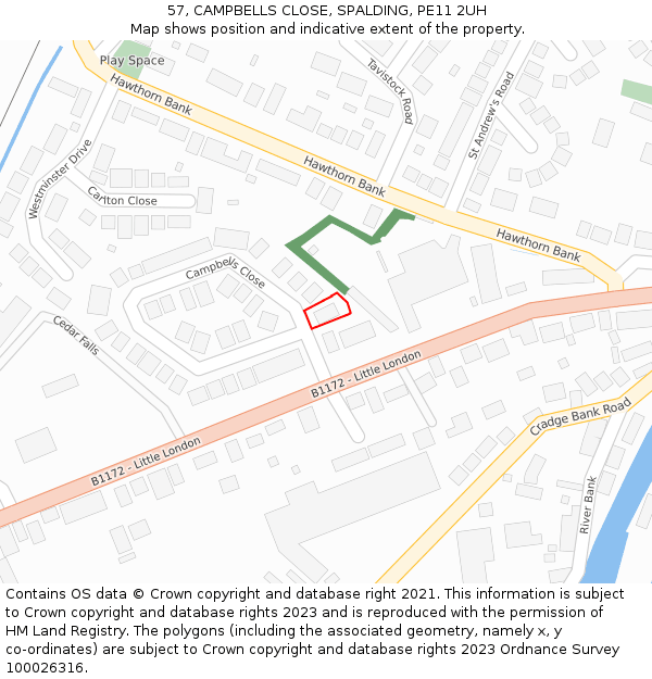 57, CAMPBELLS CLOSE, SPALDING, PE11 2UH: Location map and indicative extent of plot