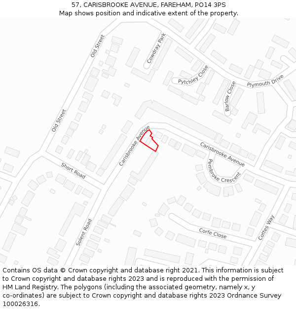 57, CARISBROOKE AVENUE, FAREHAM, PO14 3PS: Location map and indicative extent of plot