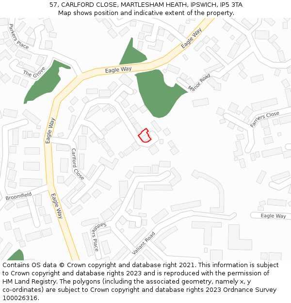 57, CARLFORD CLOSE, MARTLESHAM HEATH, IPSWICH, IP5 3TA: Location map and indicative extent of plot