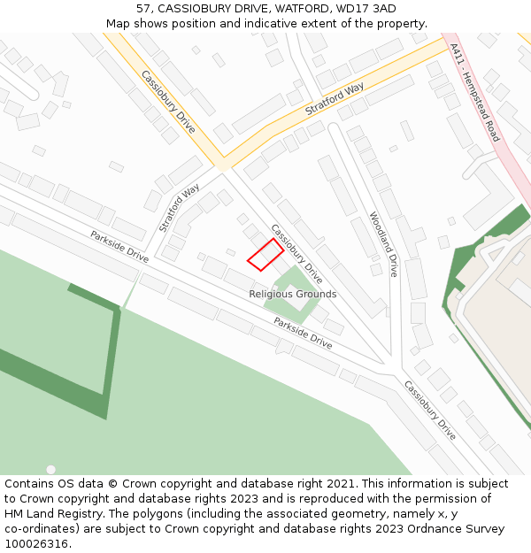 57, CASSIOBURY DRIVE, WATFORD, WD17 3AD: Location map and indicative extent of plot