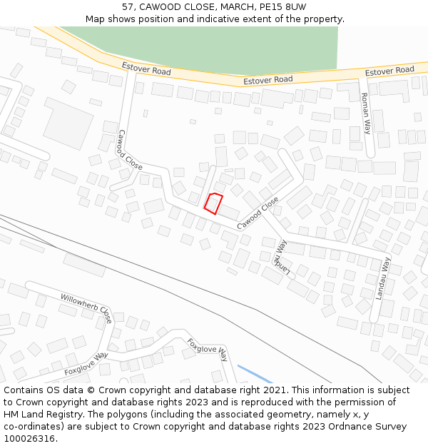 57, CAWOOD CLOSE, MARCH, PE15 8UW: Location map and indicative extent of plot