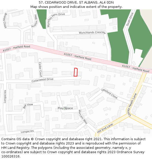 57, CEDARWOOD DRIVE, ST ALBANS, AL4 0DN: Location map and indicative extent of plot