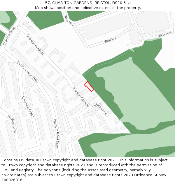 57, CHARLTON GARDENS, BRISTOL, BS10 6LU: Location map and indicative extent of plot